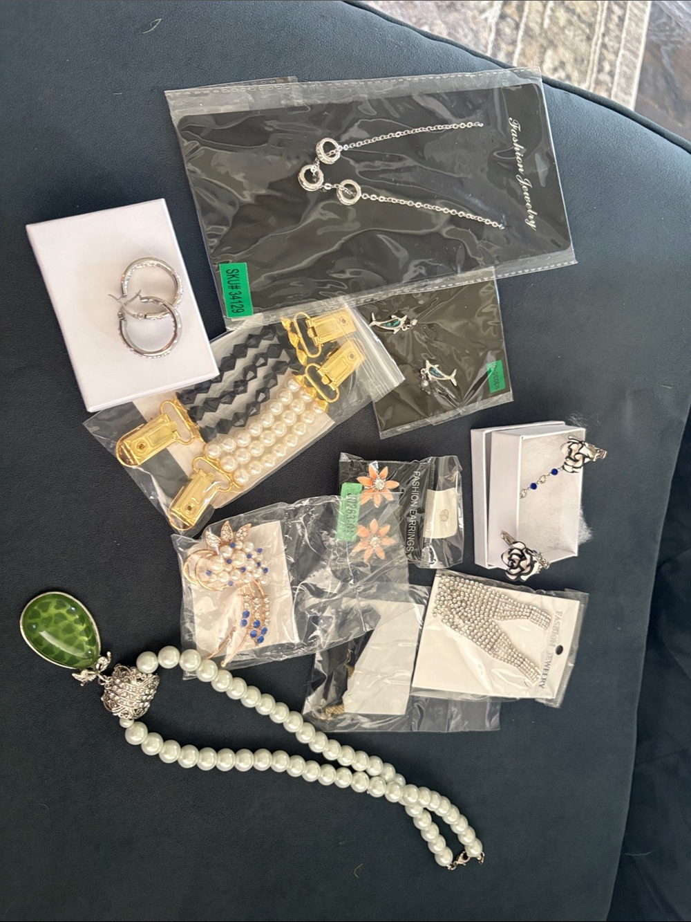 Assorted Silver & Pearl Jewelry Lot with Green Pendant